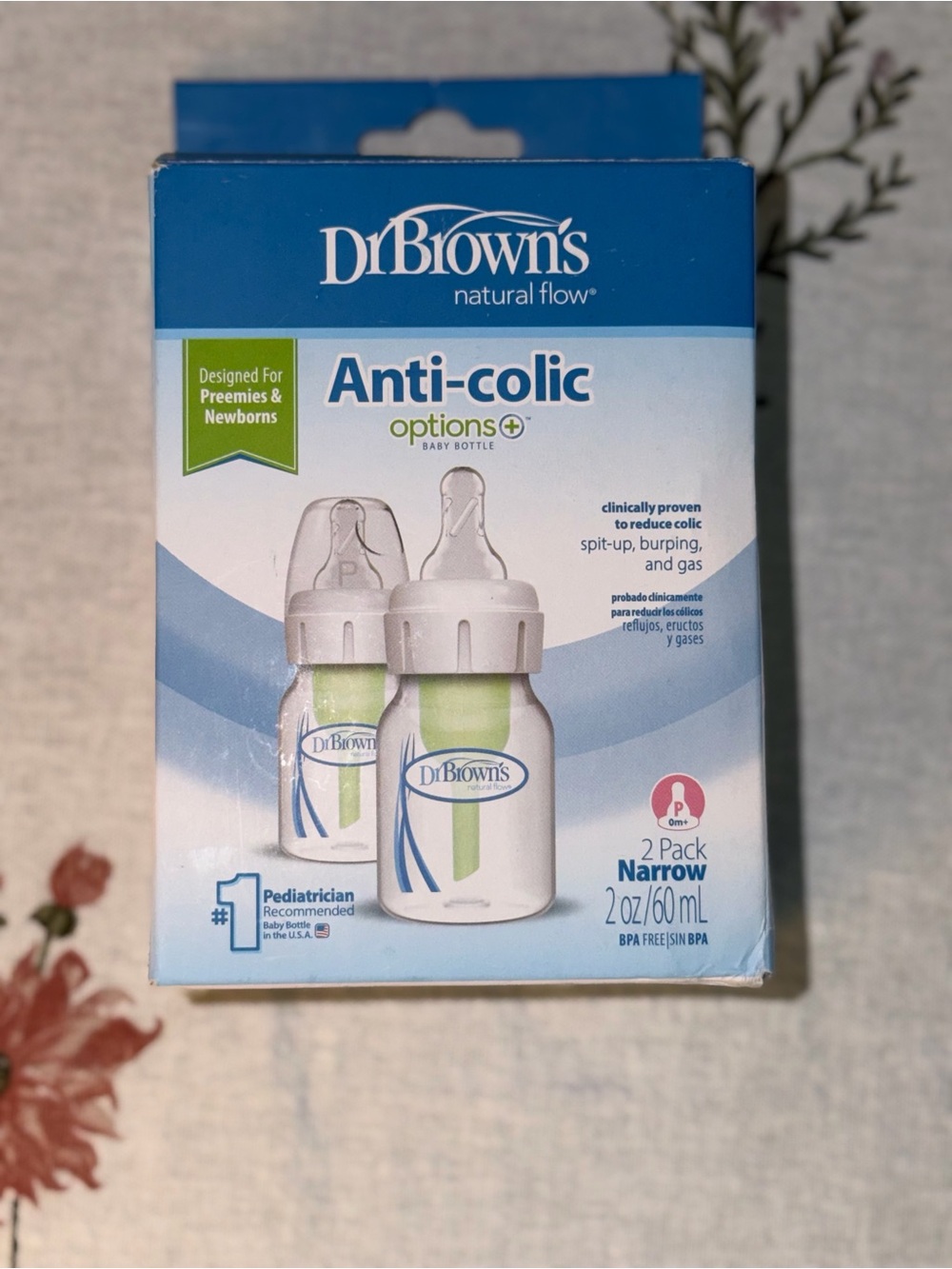 Dr. Brown's Anti-Colic Options+ Narrow Baby Bottles - White & Green (2 Pack)